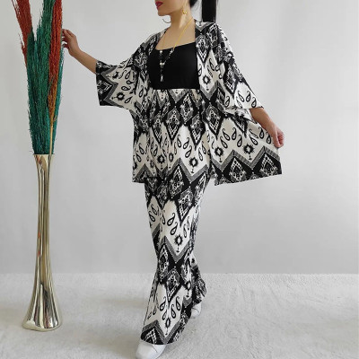 Plus Size Women Fall Loose Printed Half-Sleeve Shirt and Wide-Leg Pants Casual Two-Piece Set
