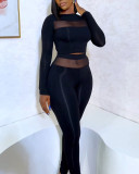 Women See-Through Mesh Patchwork Long Sleeve Top and Pant Two-Piece Set