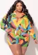 Spring Print Turndown Collar Plus Size Shirt Shorts Casual Ladies two piece set