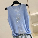 Bright Silk Beaded Camisole Women's 23 Summer Bing Silk Collar Loose Slim Fit Outdoor Wear Sleeveless Knitting Basic Top