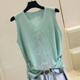 Bright Silk Beaded Camisole Women's 23 Summer Bing Silk Collar Loose Slim Fit Outdoor Wear Sleeveless Knitting Basic Top