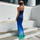 Women Fashion Sexy Straps Ombre Low Back Bodycon Slim long Dress
