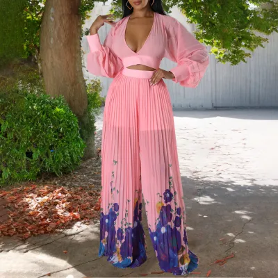 Women's Autumn Fashion Chic Chiffon V-Neck Pleated Top Printed Wide-Leg Pants two piece Set