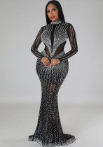 Women's Fashion Solid Color Mesh Beaded Long Sleeve Maxi Dress