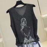 Bright Silk Beaded Camisole Women's 23 Summer Bing Silk Collar Loose Slim Fit Outdoor Wear Sleeveless Knitting Basic Top