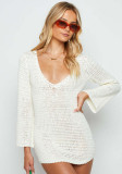 Women Sexy V Neck See-Through Loose Knitting Hollow Lace Dress