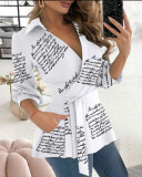 Women Autumn Printed Long Sleeve V Neck Belt Shirt