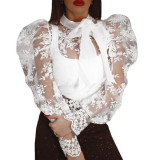 Women Mesh Embroidery Puff Sleeves Lace Bow Top