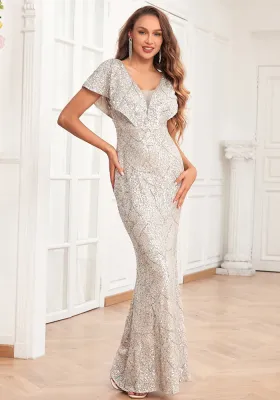 Women Butterfly Sleeve Double V-Neck Sequined Evening Dress