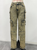 Women Cargo Wash Vintage Denim Pants