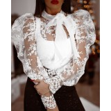 Women Mesh Embroidery Puff Sleeves Lace Bow Top