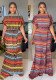 Women Striped Print Round Neck Short Sleeve Maxi Dress