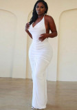 Women Sexy Solid Halter Neck Pleated Bodycon Backless Dress