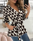 Women Autumn Printed Long Sleeve V Neck Belt Shirt