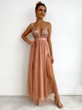 Women Color Block Sequin Mesh Camouflage Dress