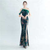 Women ostrich fur beaded evening dress