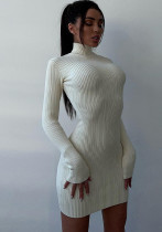 Women Turtleneck Ribbed Knitting Solid Maxi Dress