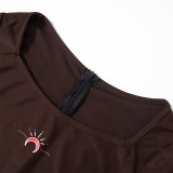 Women Summer Print U-Neck Long Sleeve Zipper Jumpsuit