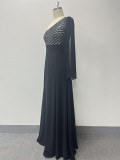 Women Sequin Patchwork Slit Party Slash Shoulder See-Through Long Sleeve Evening Dress