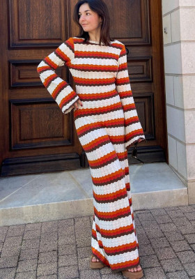 Women Knitting Hollow Stripe Contrast Color Beach Holidays Sexy Long Dress