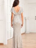 Women Butterfly Sleeve Double V-Neck Sequined Evening Dress
