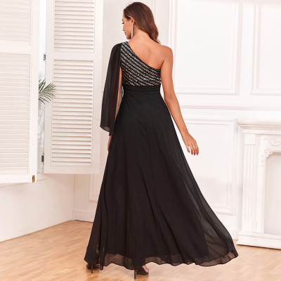 Women Sequin Patchwork Slit Party Slash Shoulder See-Through Long Sleeve Evening Dress