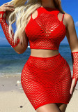 Sexy Lingerie Erotic Hollow Tight Fitting Mesh Sexy Temptation Long Sleeve See-Through Bodycon Skirt Set