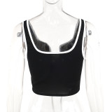 Women Autumn Black Strap Vest Tank Slim Contrast Color Lace-Up Top