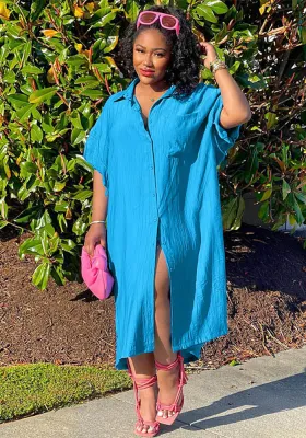 Plus Size Shirt Dress Solid Casual Breasted Shirt Women