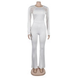 Sexy Beaded See-Through Mesh Patchwork Tight Fitting Flare Leg Jumpsuit