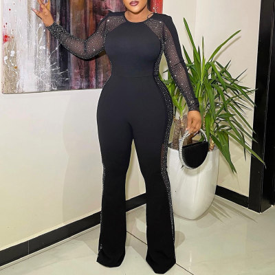 Sexy Beaded See-Through Mesh Patchwork Tight Fitting Flare Leg Jumpsuit