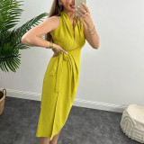 Solid Color Sleeveless Summer Fashion Dress Belt Slit Maxi Dress