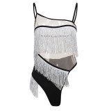 Sexy Straps Mesh See-Through Tassel Hollow Tight Fitting Contrasting Color Women Bodysuit
