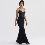 Women's Lace Sexy High Waist Slim Fit Deep V Neck Straps Long Fishtail Dress