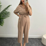 Spring And Autumn Fashion All-Match Women's Short-Sleeved Solid Color Belted Casual Jumpsuit