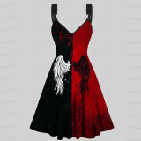 Halloween Cosplay Party Dress Plus Size Gothic Print Strap A-Line Dress Female