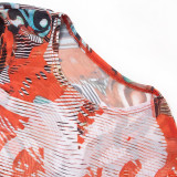 Women's Summer Sexy Print See-Through Mesh Long Sleeve Crop Top Long Skirt Two Piece Set