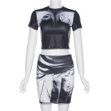 Summer Women's Fashion Printed Slim Top Sexy Bodycon Skirt Set For Women