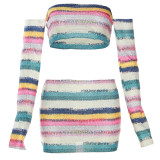 Summer Women's Fashion Knitting Contrasting Color Strapless Top High Waist Bodycon Slim Skirt Set