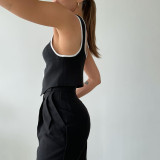 Women Autumn Black Strap Vest Tank Slim Contrast Color Lace-Up Top