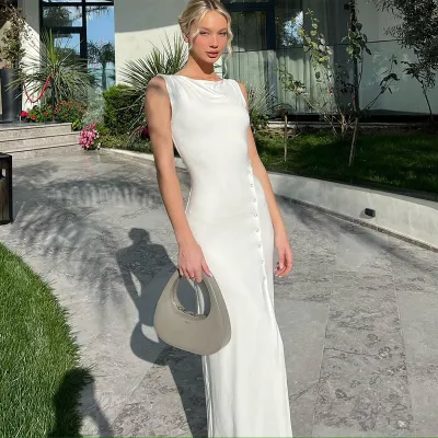 Women's Summer Sleeveless Button Slit Solid Color Slim Fashion Chic Dress For Women