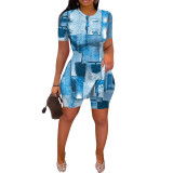 Casual Set Digital Printing Slit Hem Short Sleeve Shorts Top Two-Piece Set