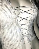 Ladies Lace-Up Rhinestone Fishnet Sexy Diamond Top