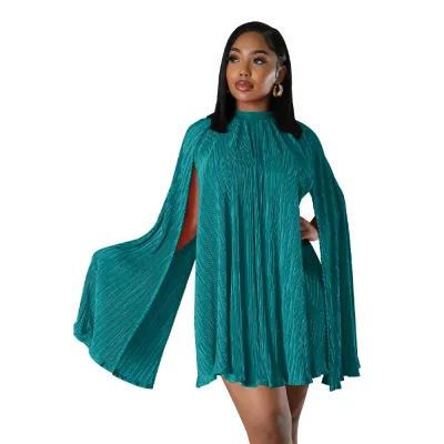 Women Solid Pleated Shawl Sleeve Dress