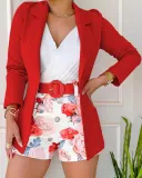 Women Casual Solid Blazer with Print Shorts Two-Piece Set with Belt