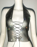 Ladies Lace-Up Rhinestone Fishnet Sexy Diamond Top