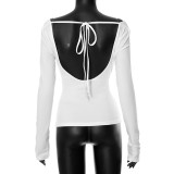 Women Fall/Winter Solid Long Sleeve Backless Lace-up Top