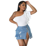 Sexy Fit Ripped Pocket Mini Denim Skirt Bodycon Club Skirt