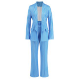 Autumn And Winter Fashion Casual Striped Blazer Jacket Straight Wide-Leg Trousers Two-Piece Suit