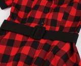 Plus Size Women's Turndown Collar Red Check Belt Fashion Slim Fit Short Sleeve Midi A-Line Dress